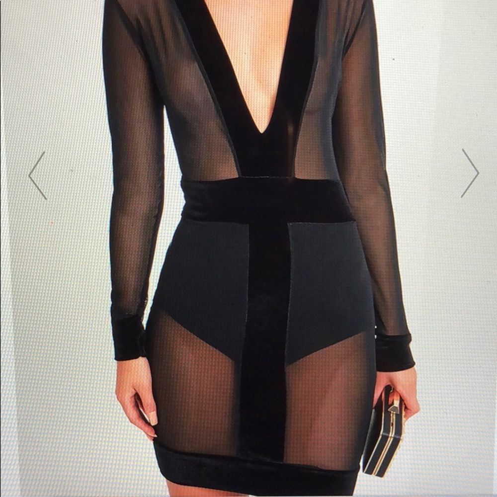 Black Mesh Velvet Trim Bodycon Dress